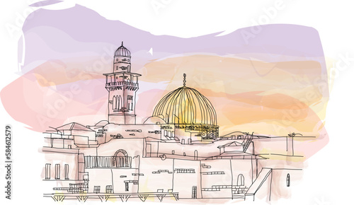 View of the Dome of the Rock and the Western Wall in the Old City during a cloudy day. Taken in Jerusalem, Israel. Vector illustration