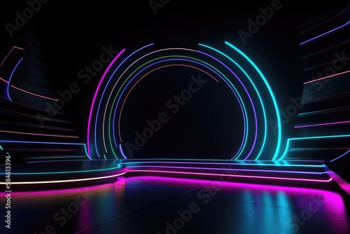 Black stage background with neon lamp. Glowing futuristic product display stand podium Against Background, neon geometric shape for product display presentation.