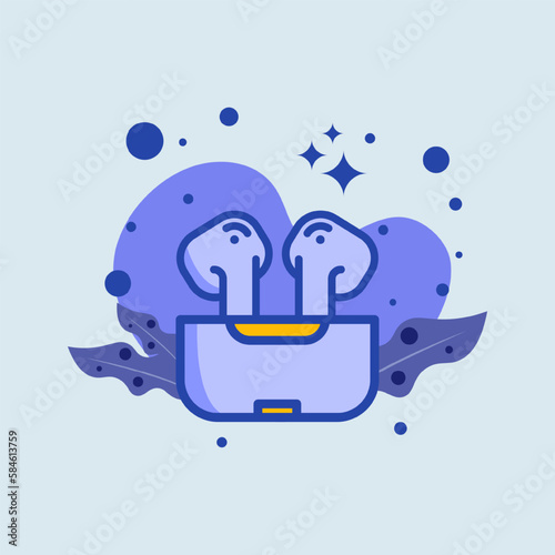 Earbuds flat illustration. Wireless earphones signs vector illustration.