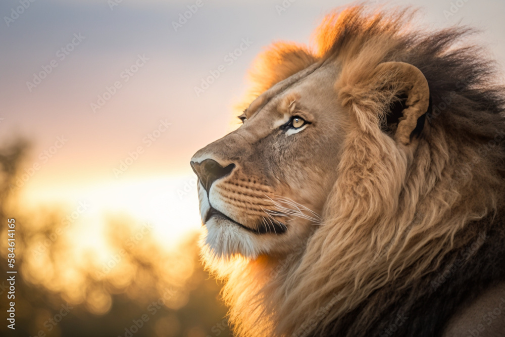 African lion portrait in the warm light