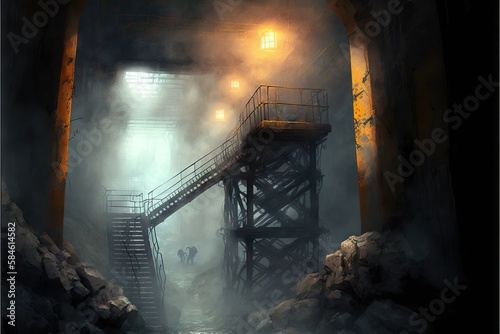 Inside of the coal mine shaft with fog, mining industry, created with generative ai