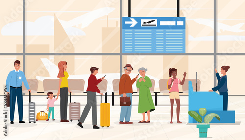 People waiting for the boarding at the airport. Transportation, holiday, travel, destination concept illustration.