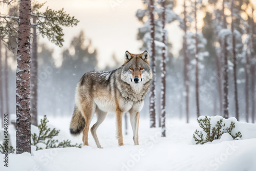 A wolf stands in the snowy forest in winter. © alisaaa