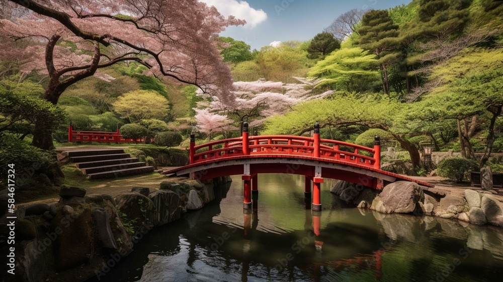 A serene Japanese garden filled with cherry blossom trees and a traditional red bridge Generative AI