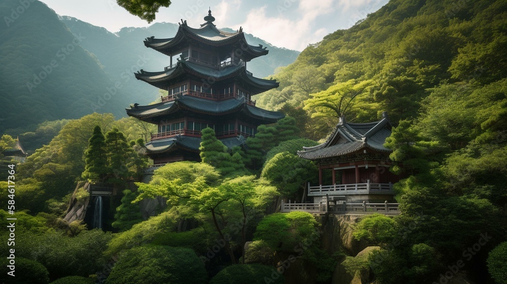 A serene temple nestled amongst lush green mountains in Korea Generative AI A serene temple nestled amongst lush green mountains in Korea Generative AI
