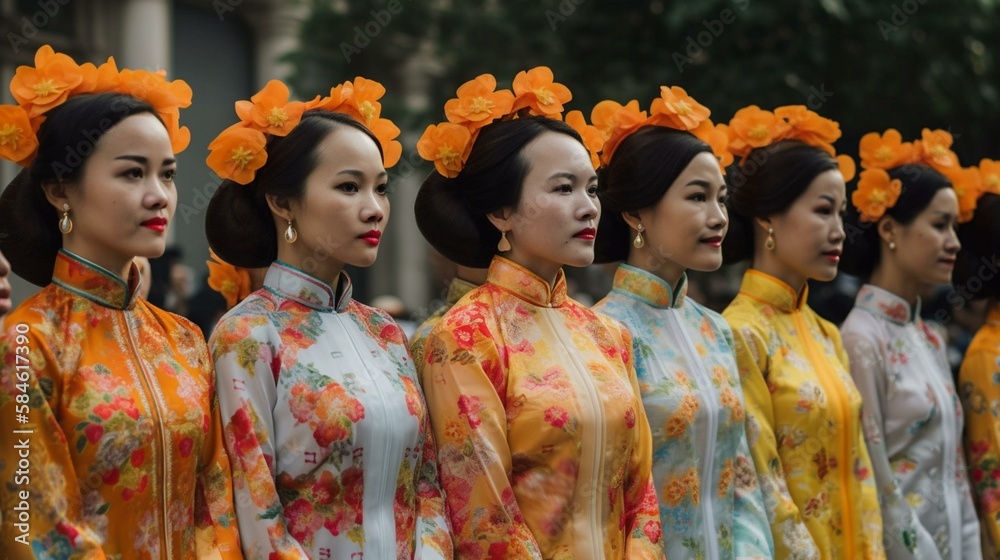 A group of women dressed in traditional Vietnamese ao dai costumes Generative AI