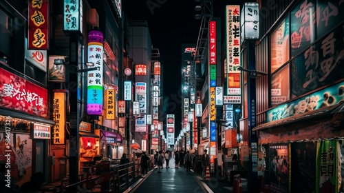A bustling street in Tokyo filled with neon lights and vibrant colors Generative AI © Наталья Евтехова