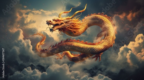 A majestic Chinese dragon soaring through the clouds Generative AI © Наталья Евтехова