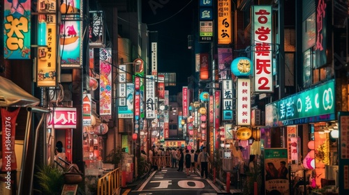 A bustling street in Tokyo filled with neon lights and vibrant colors Generative AI