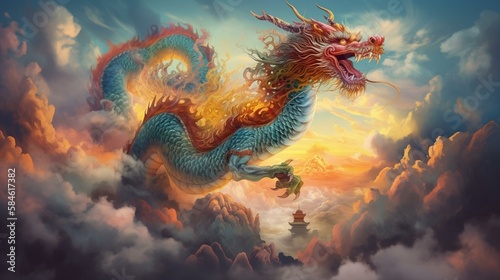 A majestic Chinese dragon soaring through the clouds Generative AI © Наталья Евтехова
