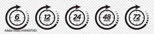 6, 12, 24, 48, 72 hours clock arrow. symbol work time, delivery and service time, isolated on white , vector icon Illustration