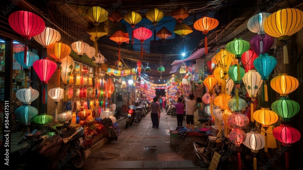 A vibrant Vietnamese market with colorful lanterns hanging overhead Generative AI