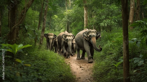 A group of Thai elephants walking through a lush jungle Generative AI © Наталья Евтехова
