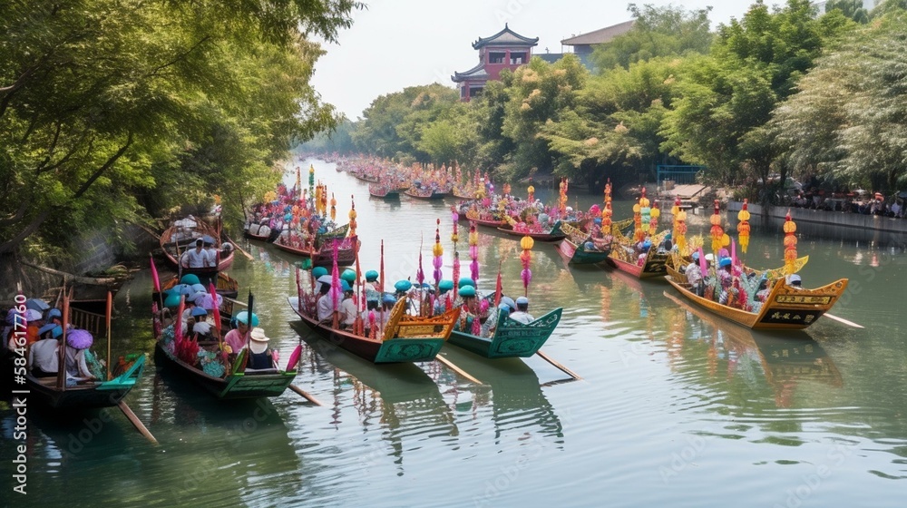 A colorful Chinese dragon boat festival on a river Generative AI