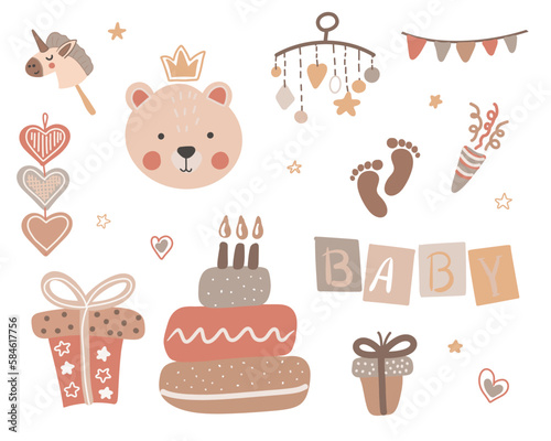 Set of cute boho baby objects in Scandinavian style. Cartoon doodle kids clipart for baby shower invitation card, nursery room decor, poster. Editable vector illustration.