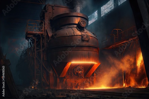 Issuing and transporting hot coke from coke oven closed batteries, metallurgical industry, created with generative ai