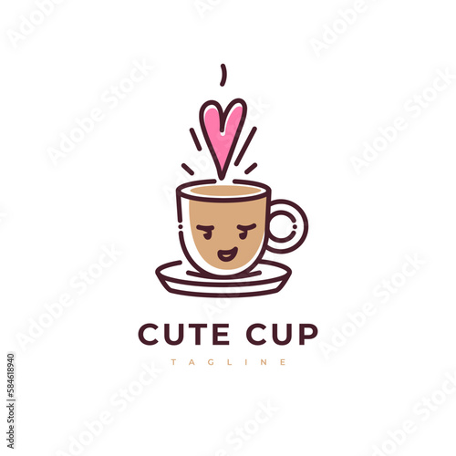 Cartoon Cup Coffee with happy face. Emblem character with lovely hot drink. Flat style. Used for stickers  icons  logos and advertisements