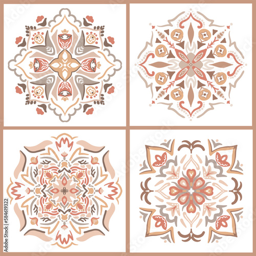 Collection of ceramic tiles in turkish style. Seamless colorful patchwork from Azulejo tiles. Portuguese and Spain decor. Islam, Arabic, Indian, Ottoman motif. Vector Hand drawn background