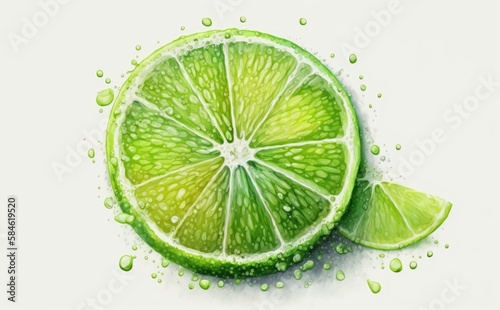 Drawn lime on white background watercolor tropical fruit organic food illustrations Generative AI