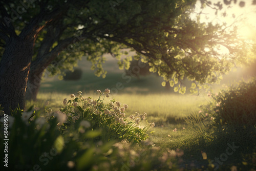 sun setting with a tree in the foreground and a field of dandelions in the background