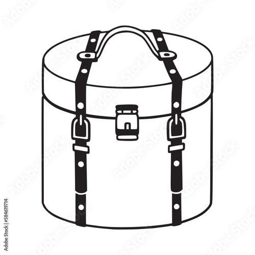 Round retro suitcase with straps. Freehand drawing. Vector illustration.