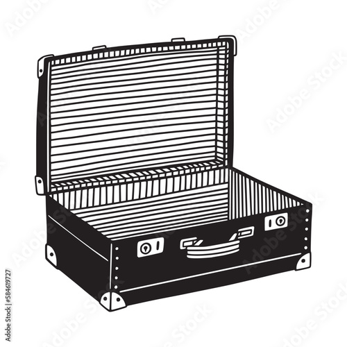 Retro suitcase, open. Striped inner lining. Hand drawn vector illustration.