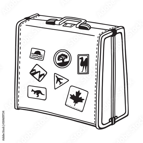 Retro suitcase with stickers. Hand drawn vector illustration.