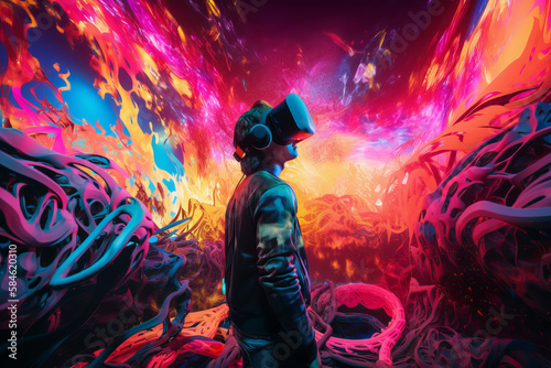 Young boy immersed in VR experience with surreal colorful environment. Generative AI