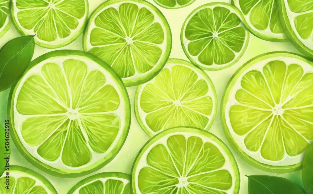 Drawn lime slices texture watercolor tropical fruit organic food illustrations Generative AI
