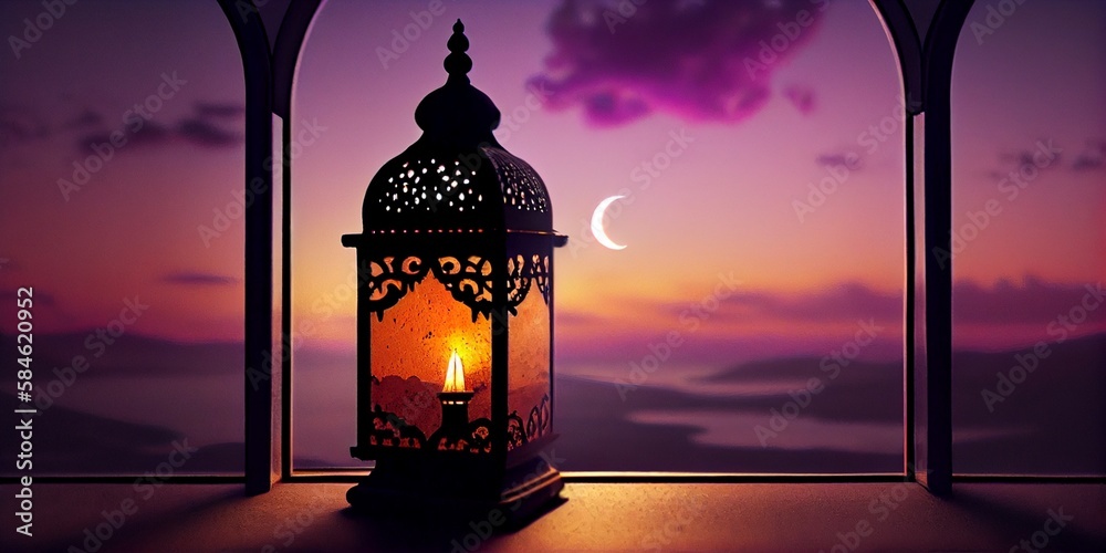 Ramadan Kareem Moon And Arabian Lantern With Blue Sky.Eid Ul Fitr. AI Generative Ramadan Kareem Moon And Arabian Lantern With Blue Sky.Eid Ul Fitr. AI Generative