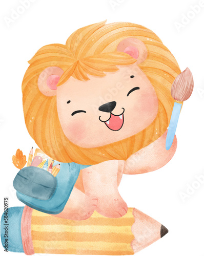 cute watercolour baby lion animal kid reading book, back to school cartoon character illustration