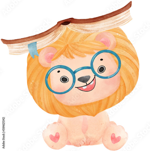 cute watercolour baby lion animal kid reading book, back to school cartoon character illustration