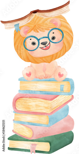 cute watercolour baby lion animal kid reading book, back to school cartoon character illustration