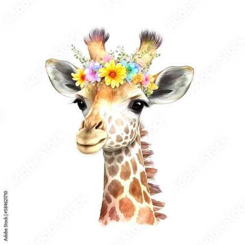 Watercolor cute hand drawn giraffe. Giraffe in floral wreath flowers bouquet. Generative ai