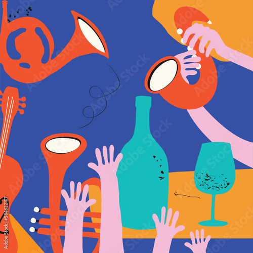 Colorful flat hand-drawn poster for a cocktail party with live music. Celebration, enjoying the occasion in a club-vector illustration. Artsy design for a get-together. Fiesta flyer. Bash invitation.