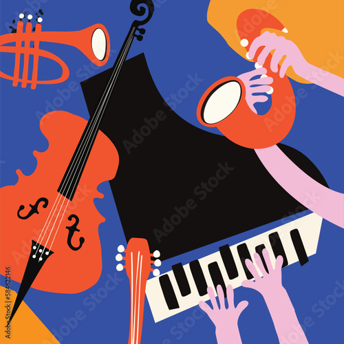 Multicolored hand-drawn jazz music poster with piano, sax, trumpet and violoncello. Artsy design for promo flyer or invitation. Colorful concert event doodle art background with musical instruments