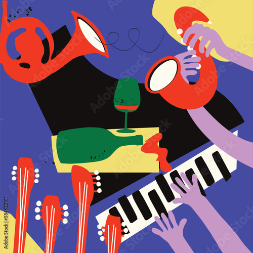 Colorful flat hand-drawn poster for a cocktail party with live music. Celebration, enjoying the occasion in club-vector illustration. Artsy design for a get-together. Fiesta flyer. Bash invitation.