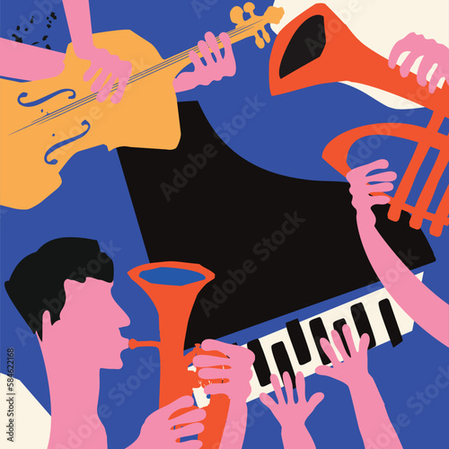 Photography Multicolored hand-drawn jazz music poster with piano, trumpet and violoncello