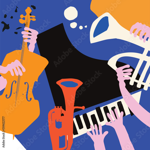 Multicolored hand-drawn jazz music poster with piano, trumpet and violoncello. Artsy design for promo flyer or invitation. Colorful concert event doodle art background with musical instruments
