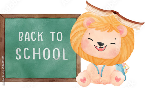 cute watercolour baby lion animal kid reading book, back to school cartoon character illustration