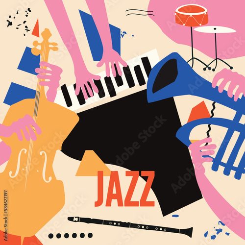 Multicolored hand-drawn jazz music poster with piano, trumpet and violoncello. Artsy design for promo flyer or invitation. Colorful concert event doodle art background with musical instruments