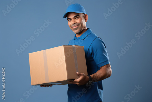Delivery service worker, man in uniform with cardboard box on blue background, AI generative