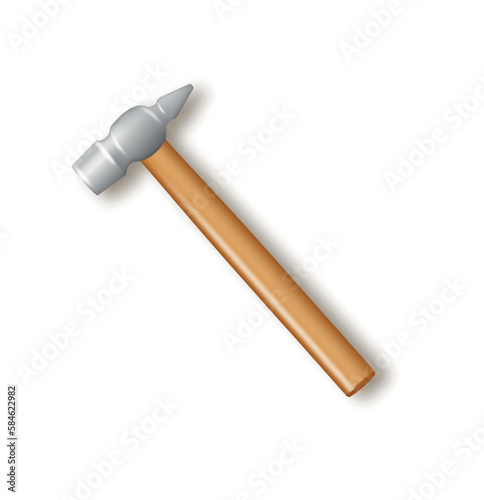 Realistic universal hammer with wooden handle. Vector industrial workers tool. Equipment for repair, contract and locksmith work. vector