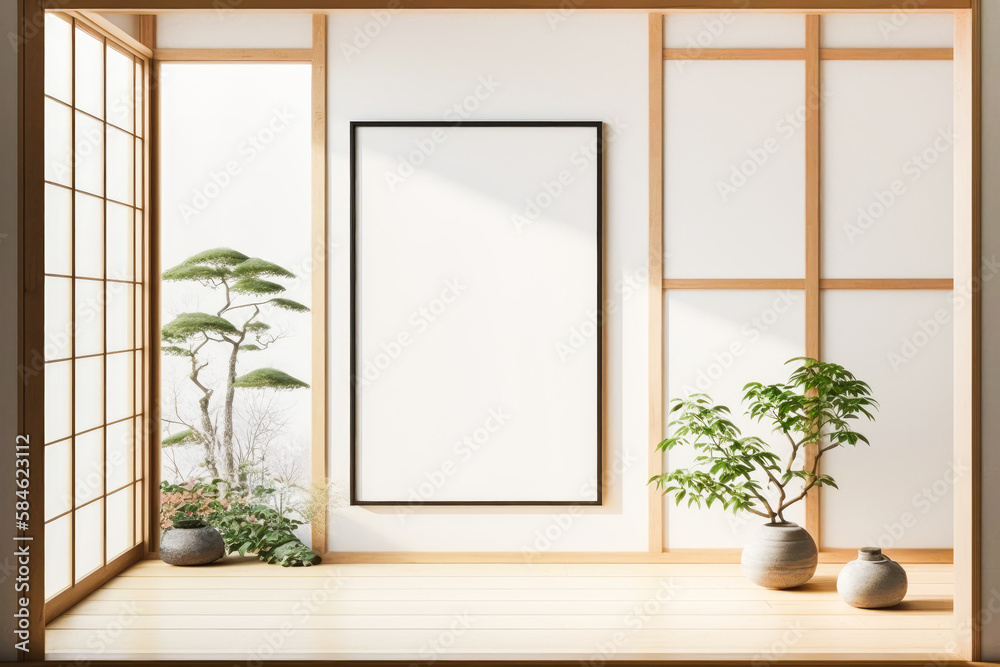 Rectangular vertical frame mockup in Japanese room style interior. Generative AI. Rectangular vertical frame mockup in Japanese room style interior. Generative AI.