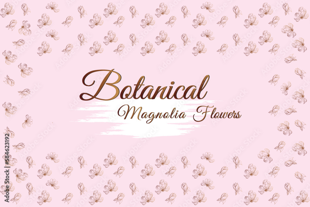 magnolia line flowers.
frame and pink background vector illustration. 
botanical petals .