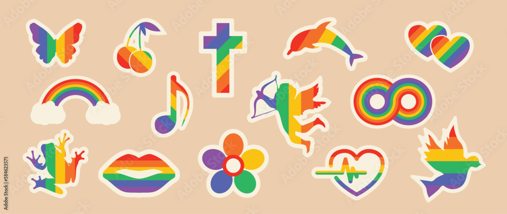 Happy Pride LGBTQ element set. LGBTQ community symbols with flower, cupid, frog, heart, bird. Elements illustrated for pride month, bisexual, transgender, gender equality, sticker, rights concept.