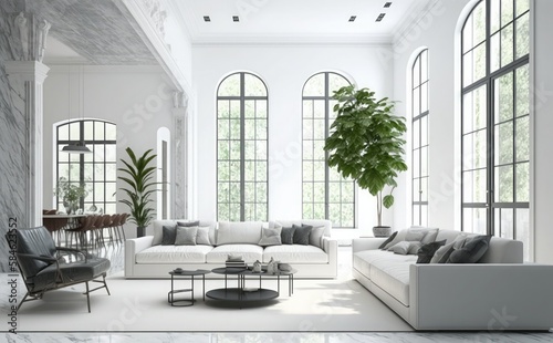 modern Interior of living room panorama with sofa  lamp and plants