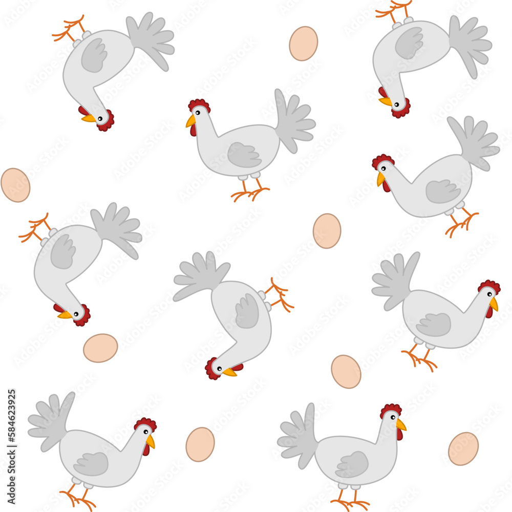 Paper pattern with white chickens and eggs on white background Paper pattern with white chickens and eggs on white background