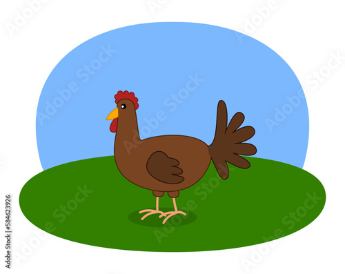 Illustration of a brown hen with green meadow and blue sky