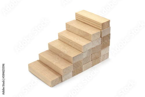 Wooden block built staircase on a white isolated background.